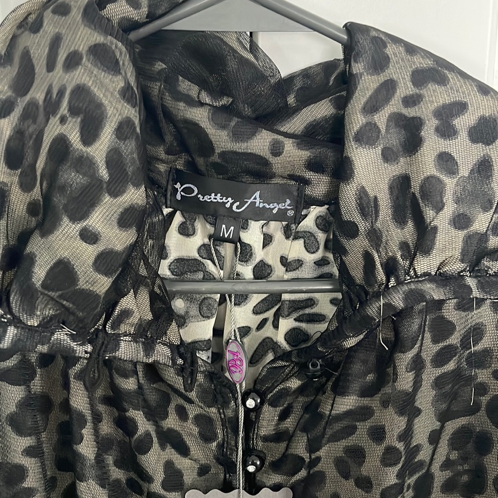 Hot Price - Pretty Angel Black sheer top Scrunched Neck with leopard print - Picture 4 of 5
